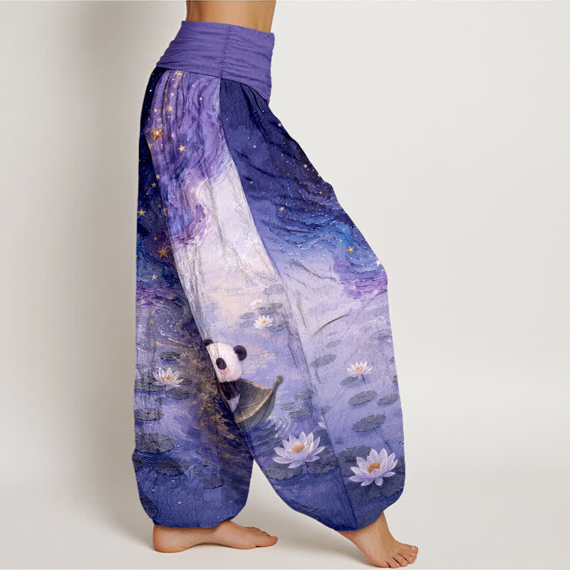 Nimara Ritual Pure Cotton Starry Lotus Panda Pattern Women's Elastic Waist Harem Pants