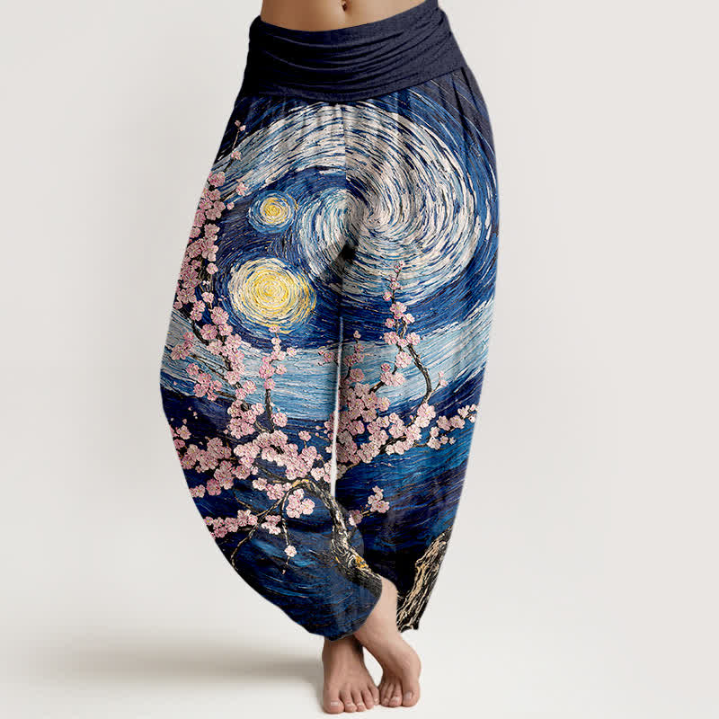 Nimara Ritual Pure Cotton Starry Blossom Swirl Pattern Women's Elastic Waist Harem Pants