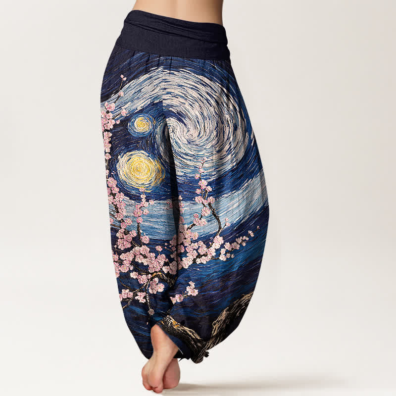 Nimara Ritual Pure Cotton Starry Blossom Swirl Pattern Women's Elastic Waist Harem Pants
