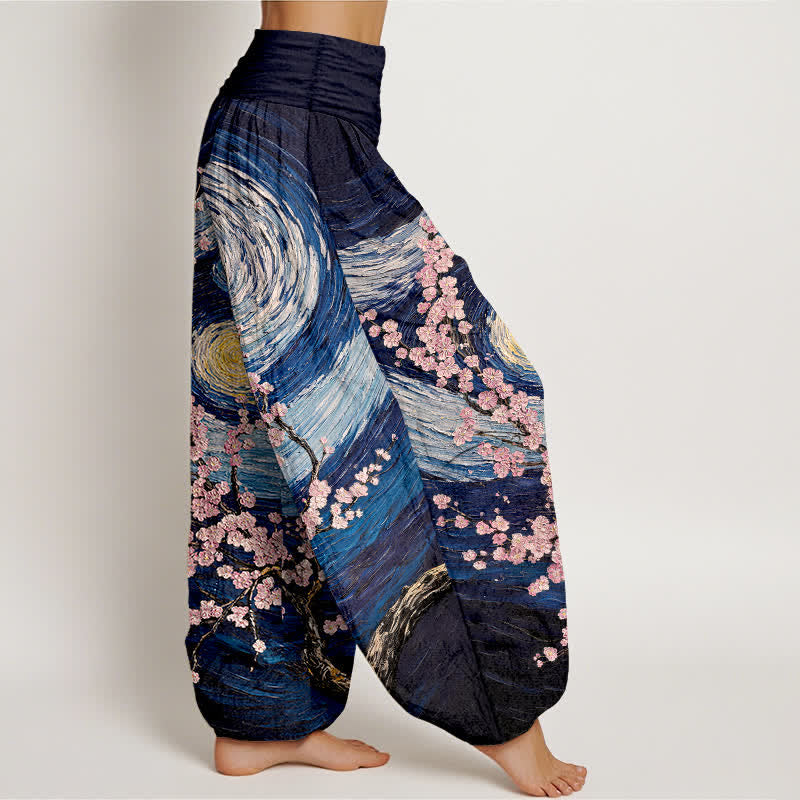 Nimara Ritual Pure Cotton Starry Blossom Swirl Pattern Women's Elastic Waist Harem Pants