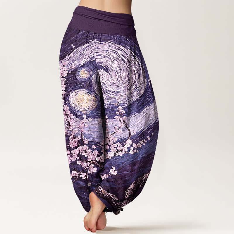 Nimara Ritual Pure Cotton Starry Blossom Swirl Pattern Women's Elastic Waist Harem Pants