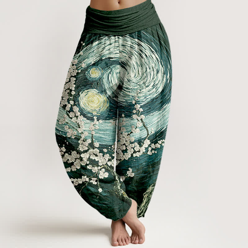Nimara Ritual Pure Cotton Starry Blossom Swirl Pattern Women's Elastic Waist Harem Pants