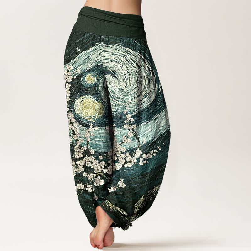 Nimara Ritual Pure Cotton Starry Blossom Swirl Pattern Women's Elastic Waist Harem Pants