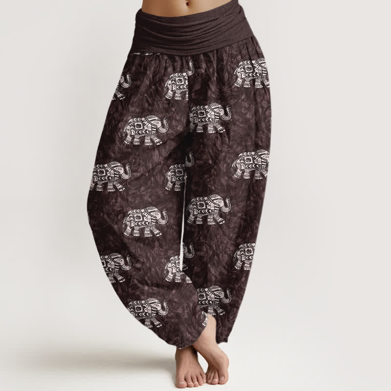 Nimara Ritual Pure Cotton White Elephant Pattern Women's Elastic Waist Harem Pants