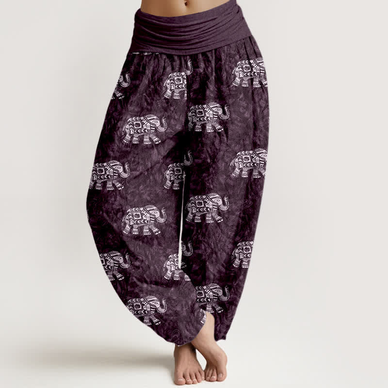 Nimara Ritual Pure Cotton White Elephant Pattern Women's Elastic Waist Harem Pants