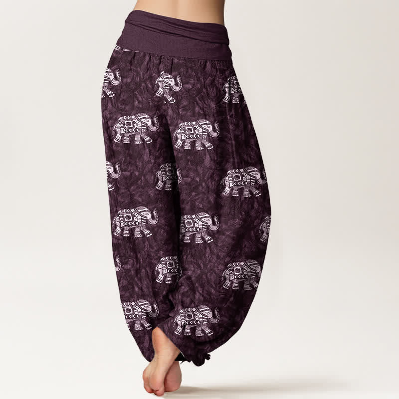 Nimara Ritual Pure Cotton White Elephant Pattern Women's Elastic Waist Harem Pants