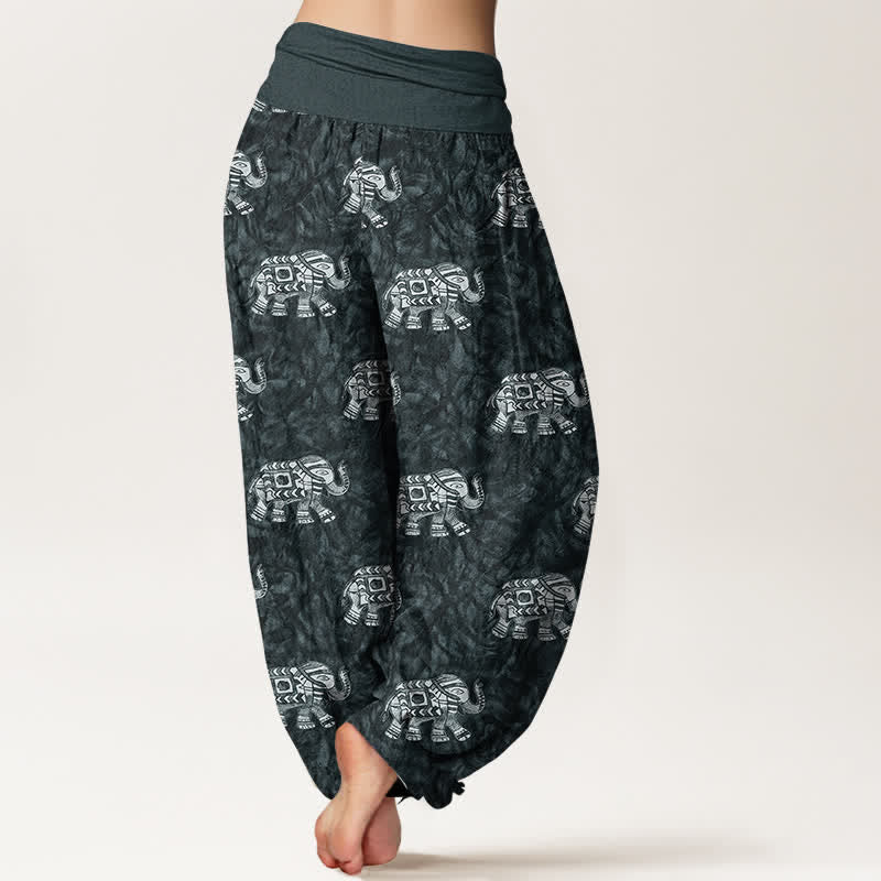 Nimara Ritual Pure Cotton White Elephant Pattern Women's Elastic Waist Harem Pants