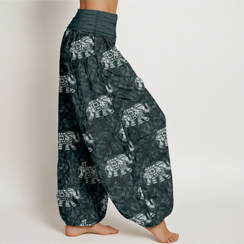 Nimara Ritual Pure Cotton White Elephant Pattern Women's Elastic Waist Harem Pants