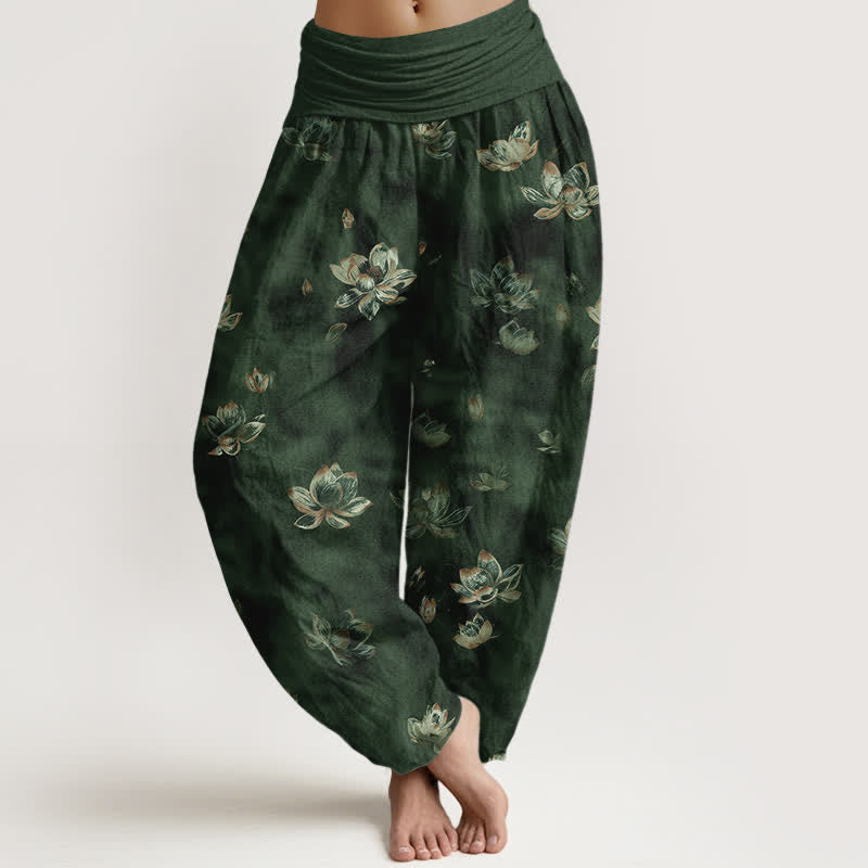 Nimara Ritual Pure Cotton Vintage Lotus Floral Pattern Women's Elastic Waist Harem Pants
