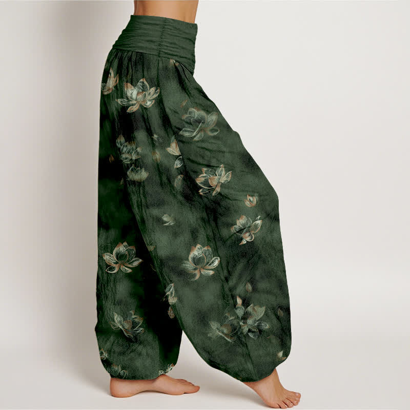Nimara Ritual Pure Cotton Vintage Lotus Floral Pattern Women's Elastic Waist Harem Pants