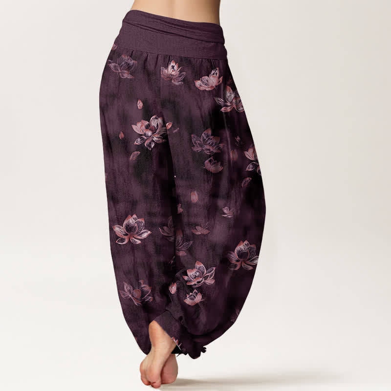 Nimara Ritual Pure Cotton Vintage Lotus Floral Pattern Women's Elastic Waist Harem Pants