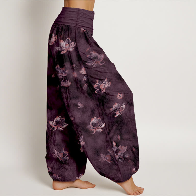 Nimara Ritual Pure Cotton Vintage Lotus Floral Pattern Women's Elastic Waist Harem Pants