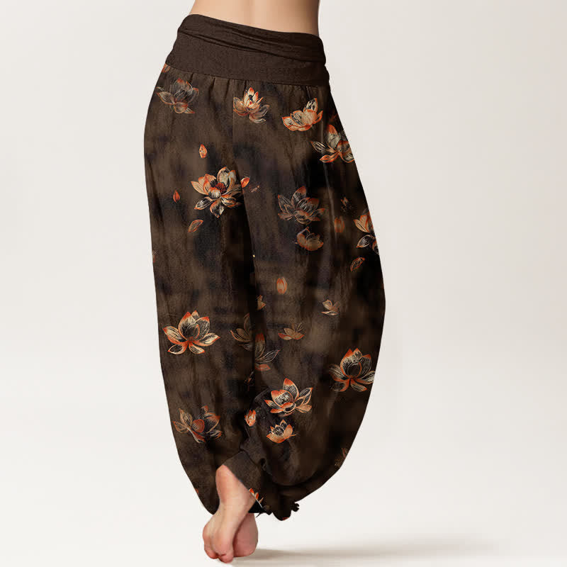 Nimara Ritual Pure Cotton Vintage Lotus Floral Pattern Women's Elastic Waist Harem Pants