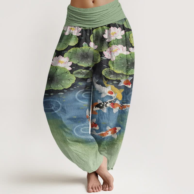 Nimara Ritual Cotton Lotus Koi Pond Pattern Women's Elastic Waist Harem Pants