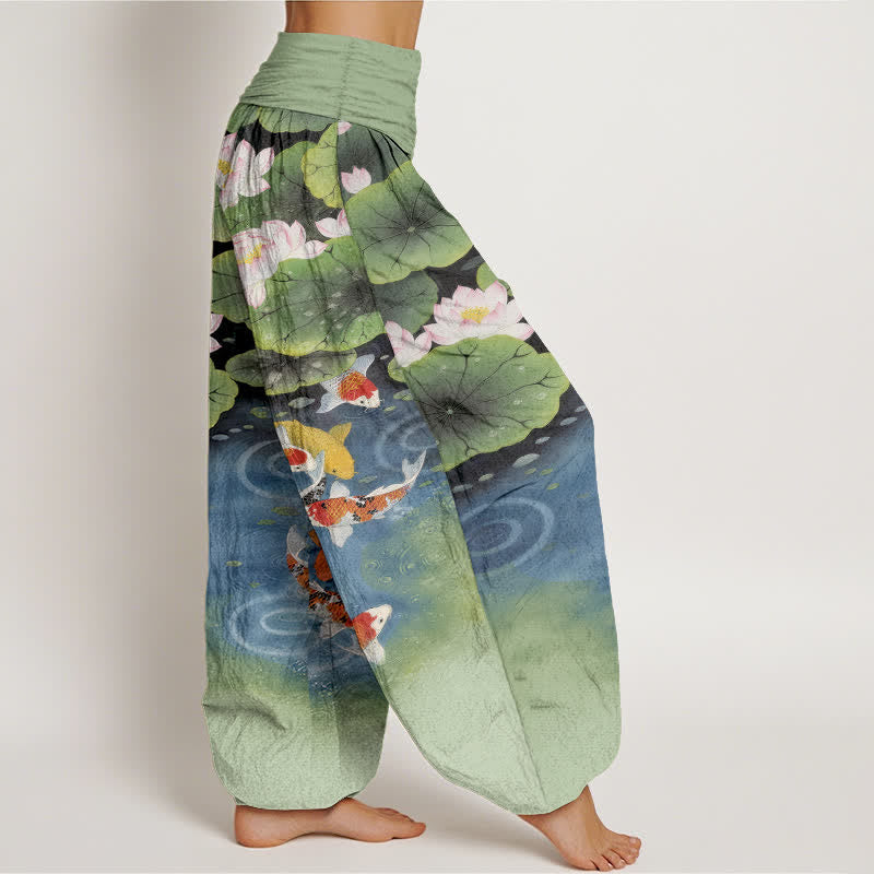 Nimara Ritual Cotton Lotus Koi Pond Pattern Women's Elastic Waist Harem Pants