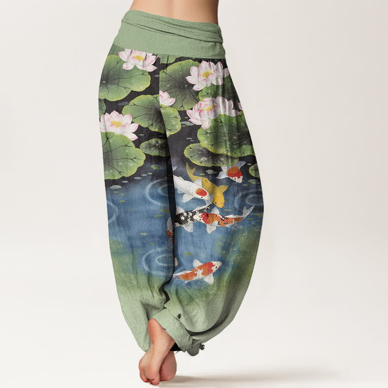 Nimara Ritual Cotton Lotus Koi Pond Pattern Women's Elastic Waist Harem Pants