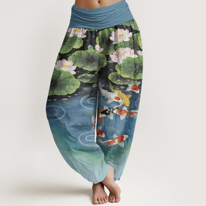 Nimara Ritual Cotton Lotus Koi Pond Pattern Women's Elastic Waist Harem Pants