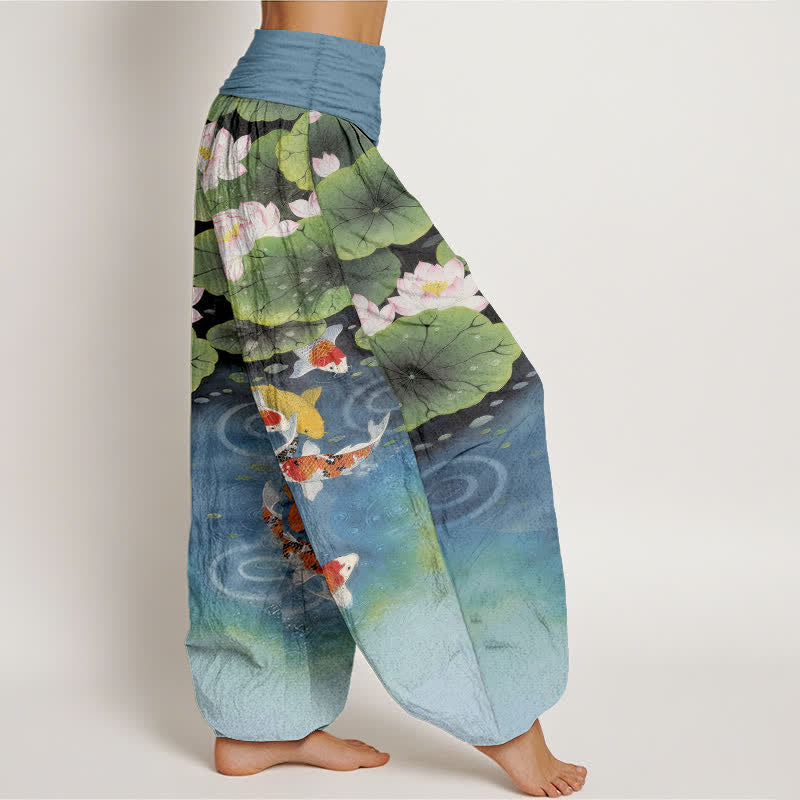 Nimara Ritual Cotton Lotus Koi Pond Pattern Women's Elastic Waist Harem Pants