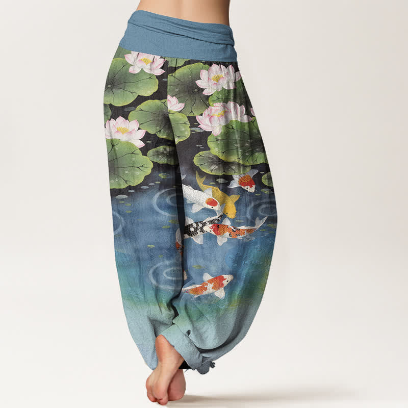 Nimara Ritual Cotton Lotus Koi Pond Pattern Women's Elastic Waist Harem Pants