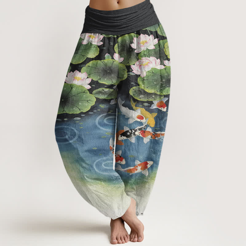 Nimara Ritual Cotton Lotus Koi Pond Pattern Women's Elastic Waist Harem Pants