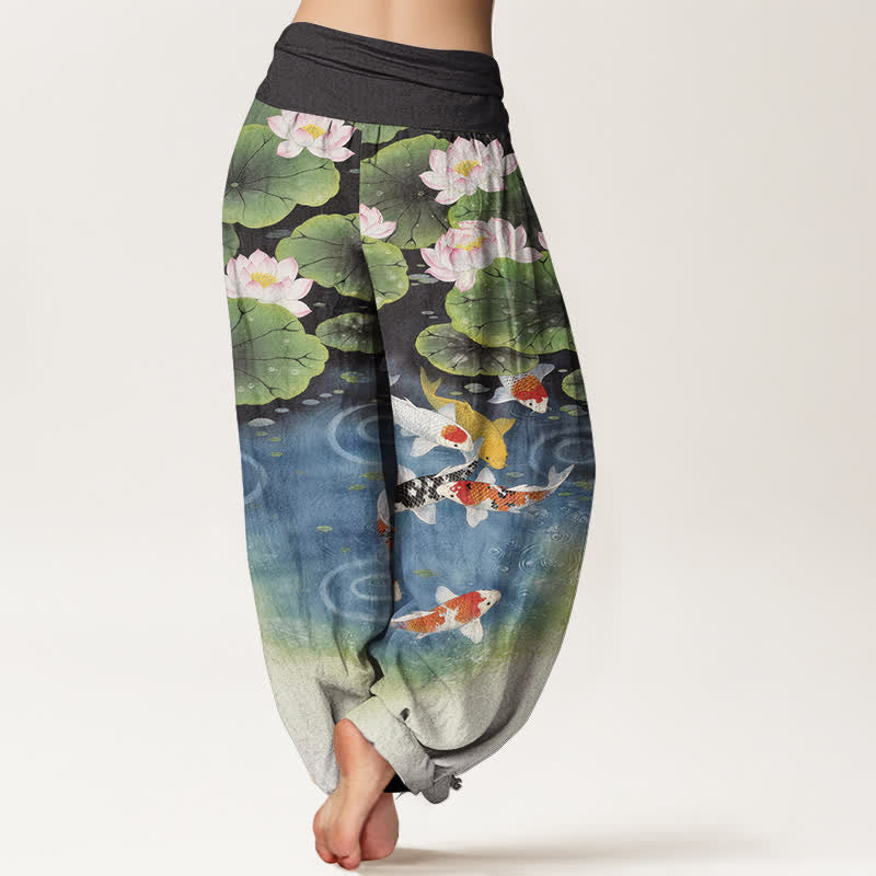 Nimara Ritual Cotton Lotus Koi Pond Pattern Women's Elastic Waist Harem Pants