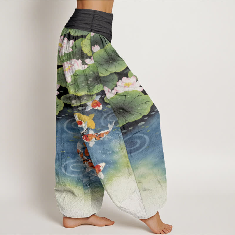 Nimara Ritual Cotton Lotus Koi Pond Pattern Women's Elastic Waist Harem Pants