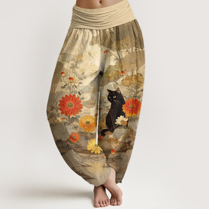 Nimara Ritual Pure Cotton Vintage Black Cat Floral Pattern Women's Elastic Waist Harem Pants
