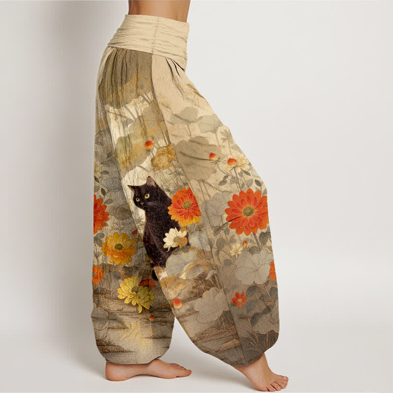 Nimara Ritual Pure Cotton Vintage Black Cat Floral Pattern Women's Elastic Waist Harem Pants
