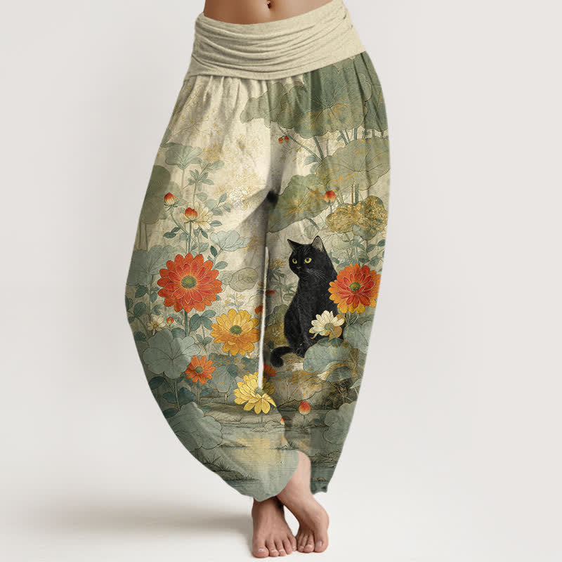 Nimara Ritual Pure Cotton Vintage Black Cat Floral Pattern Women's Elastic Waist Harem Pants