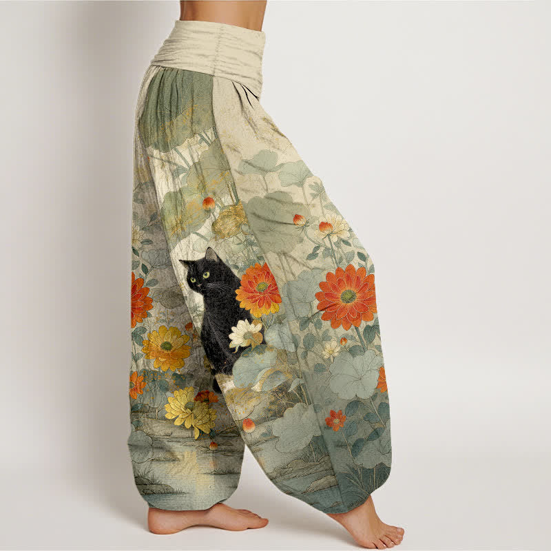 Nimara Ritual Pure Cotton Vintage Black Cat Floral Pattern Women's Elastic Waist Harem Pants