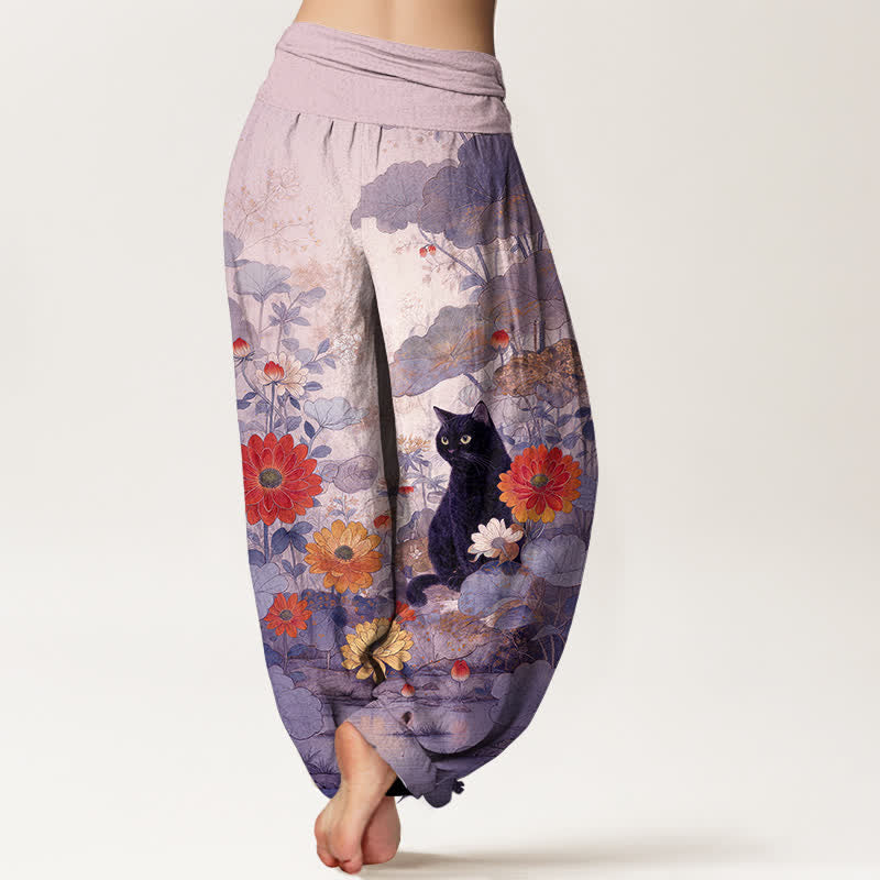 Nimara Ritual Pure Cotton Vintage Black Cat Floral Pattern Women's Elastic Waist Harem Pants