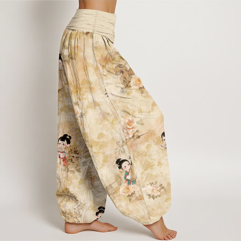 Nimara Ritual Pure Cotton Vintage Floral Figure Pattern Women's Elastic Waist Harem Pants