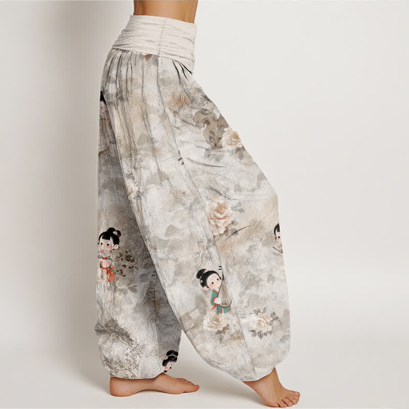 Nimara Ritual Pure Cotton Vintage Floral Figure Pattern Women's Elastic Waist Harem Pants