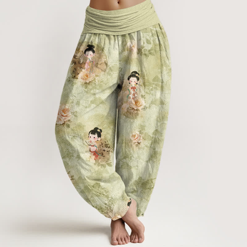 Nimara Ritual Pure Cotton Vintage Floral Figure Pattern Women's Elastic Waist Harem Pants