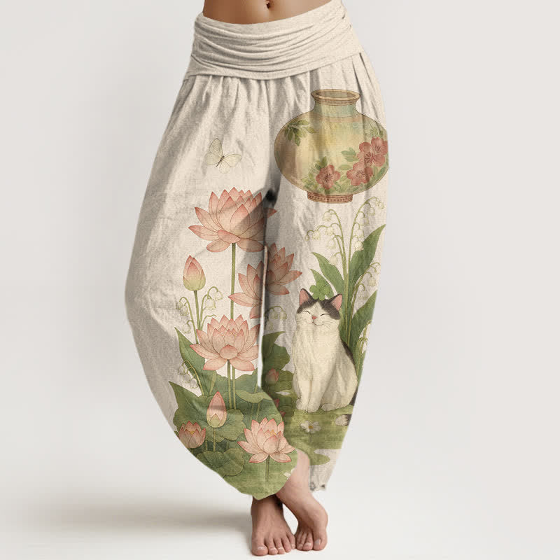 Nimara Ritual Pure Cotton Lotus Cat Pattern Women's Elastic Waist Harem Pants