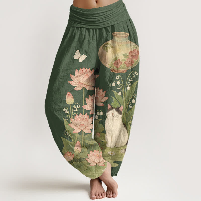 Nimara Ritual Pure Cotton Lotus Cat Pattern Women's Elastic Waist Harem Pants