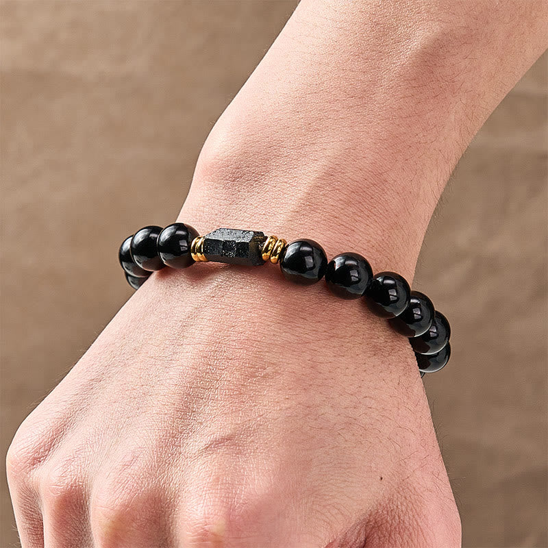 Protection and Transformation Black Obsidian Black Tourmaline Minimalist Round Bead Bracelet