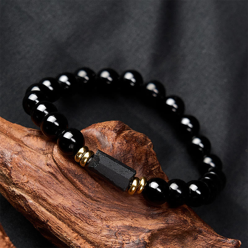 Protection and Transformation Black Obsidian Black Tourmaline Minimalist Round Bead Bracelet