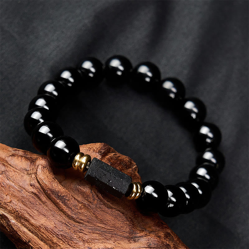 Protection and Transformation Black Obsidian Black Tourmaline Minimalist Round Bead Bracelet