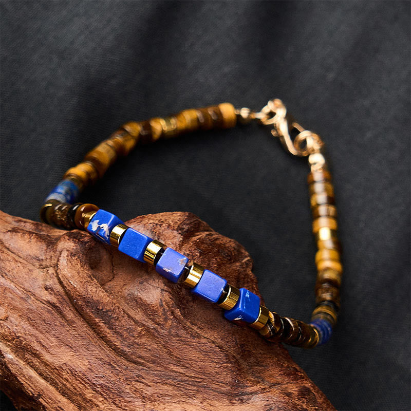 Serenity and Courage Lapis Lazuli Tiger Eye Square Beaded Bracelet