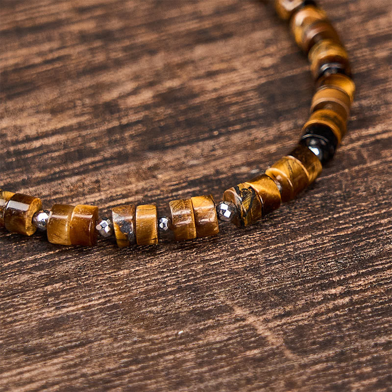 Calm and Spiritual Awareness Amethyst Tiger's Eye Rose Quartz Blue Spot Jasper Black Obsidian Flat Bead Bracelet