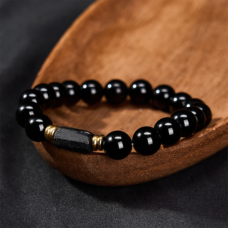 Protection and Transformation Black Obsidian Black Tourmaline Minimalist Round Bead Bracelet