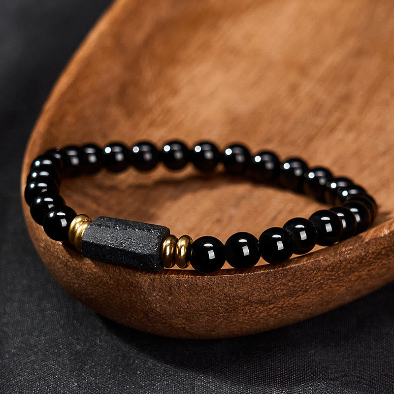 Protection and Transformation Black Obsidian Black Tourmaline Minimalist Round Bead Bracelet