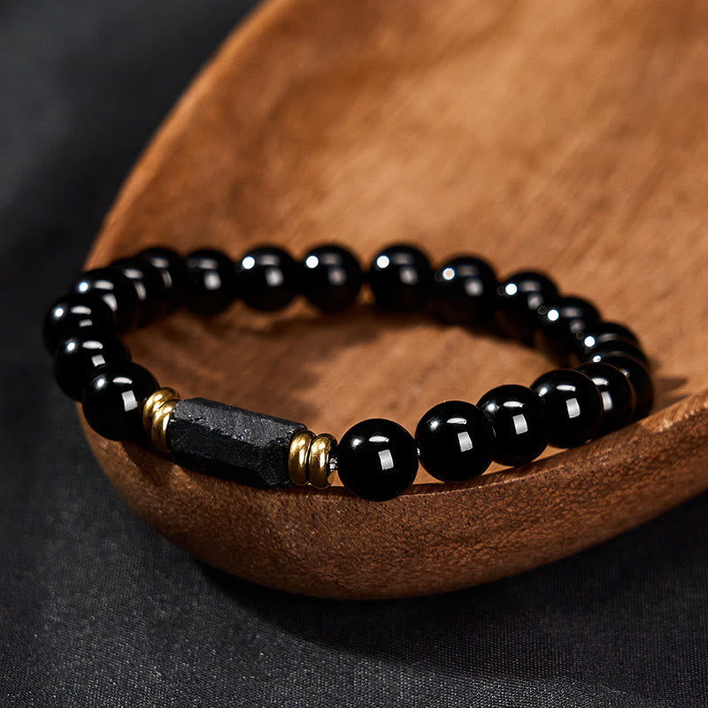 Protection and Transformation Black Obsidian Black Tourmaline Minimalist Round Bead Bracelet