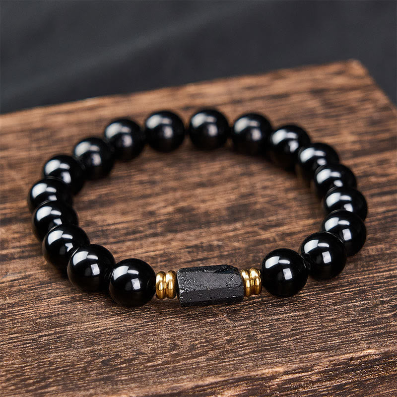 Nimara Ritual Black Obsidian Black Tourmaline Protection Minimalist Round Bead Bracelet