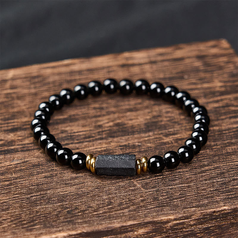Protection and Transformation Black Obsidian Black Tourmaline Minimalist Round Bead Bracelet