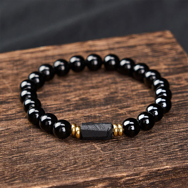 Protection and Transformation Black Obsidian Black Tourmaline Minimalist Round Bead Bracelet