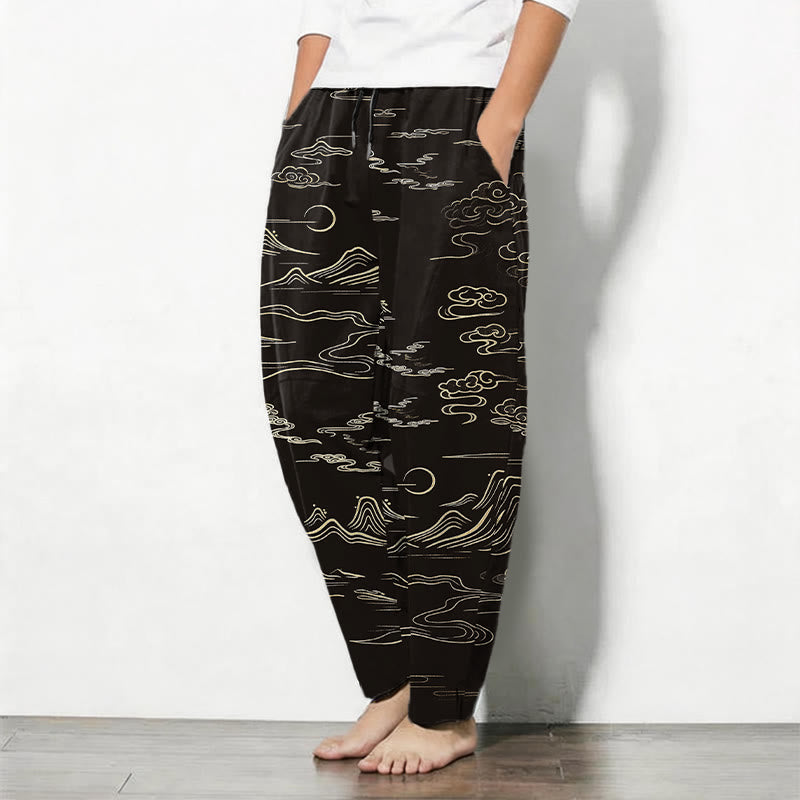 Nimara Ritual Pure Cotton Cloud Mountain Wave Pattern Drawstring Men's Tapered Pants With Pockets