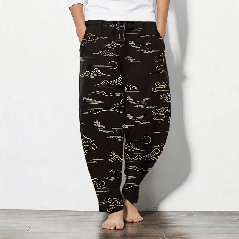 Nimara Ritual Pure Cotton Cloud Mountain Wave Pattern Drawstring Men's Tapered Pants With Pockets