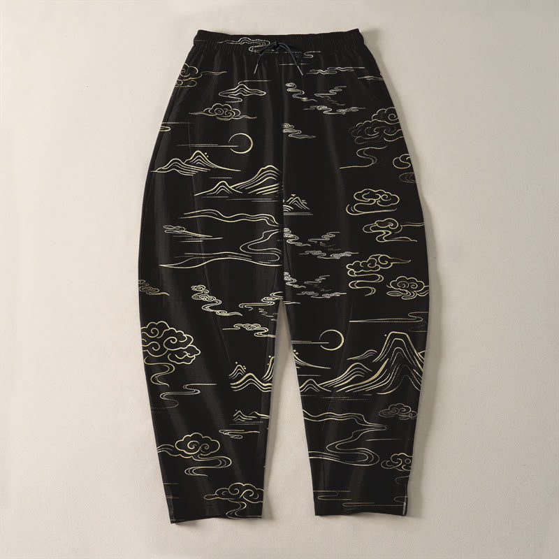 Nimara Ritual Pure Cotton Cloud Mountain Wave Pattern Drawstring Men's Tapered Pants With Pockets